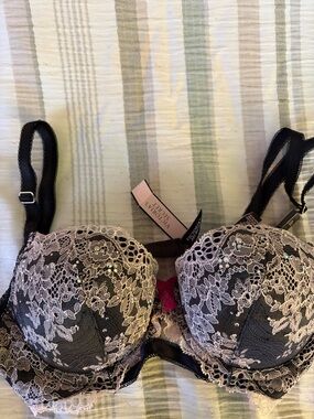 Victoria's Secret Black Lace Push-Up Bra with Nude Overlay